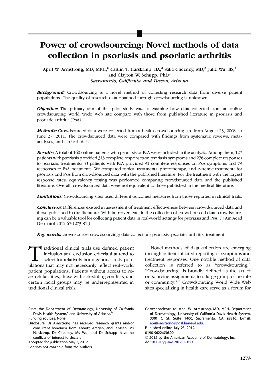 Power of crowdsourcing: Novel methods of data collection in psoriasis and psoriatic arthritis