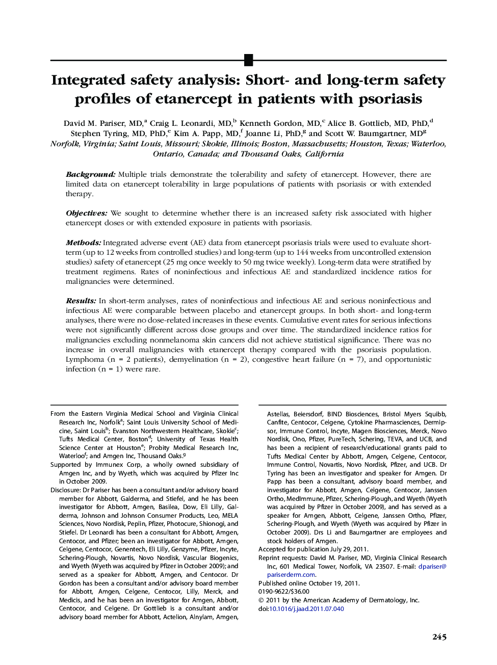 Integrated safety analysis: Short- and long-term safety profiles of etanercept in patients with psoriasis 