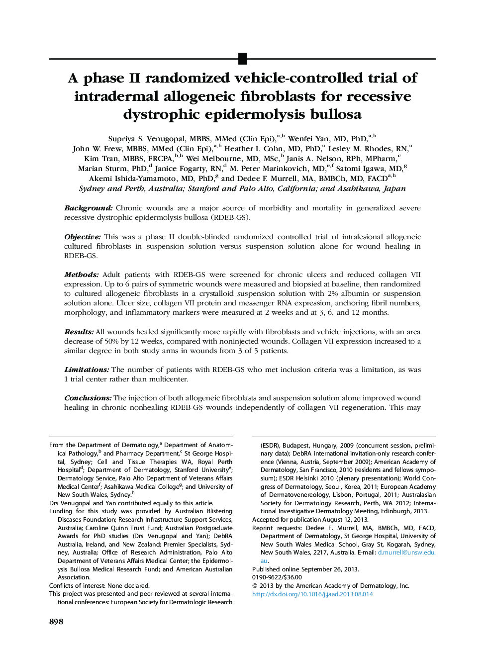 A phase II randomized vehicle-controlled trial of intradermal allogeneic fibroblasts for recessive dystrophic epidermolysis bullosa