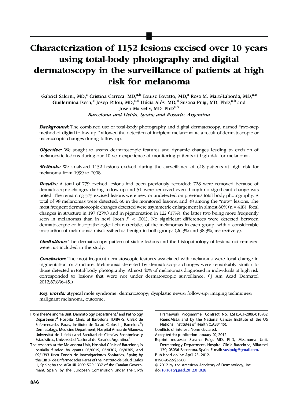 Characterization of 1152 lesions excised over 10 years using total-body photography and digital dermatoscopy in the surveillance of patients at high risk for melanoma 