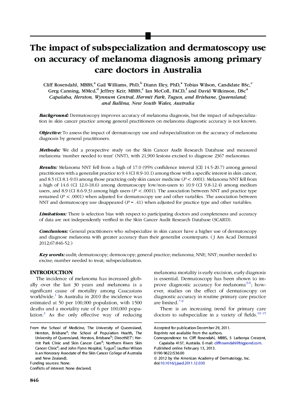 The impact of subspecialization and dermatoscopy use on accuracy of melanoma diagnosis among primary care doctors in Australia 