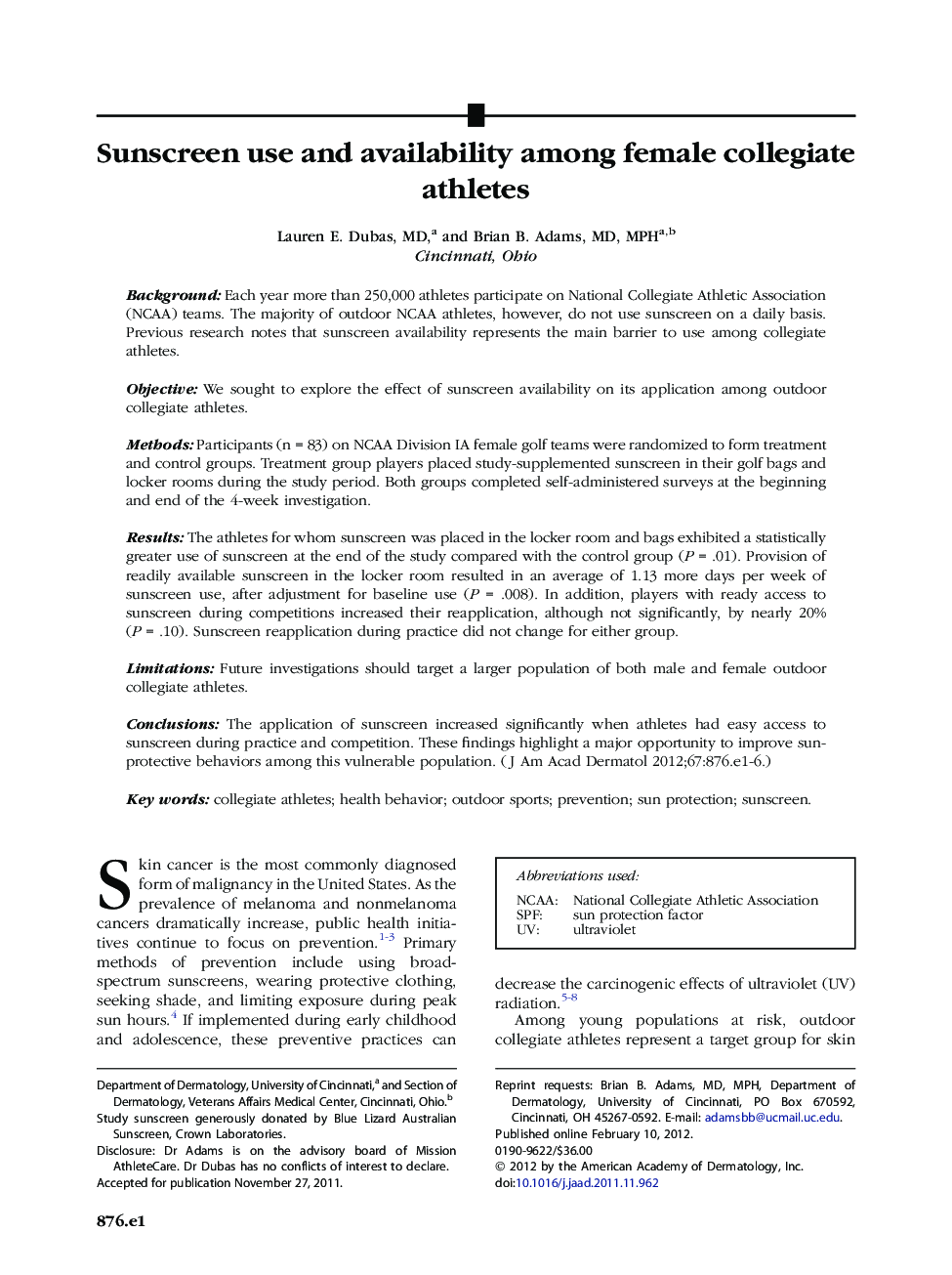 Sunscreen use and availability among female collegiate athletes