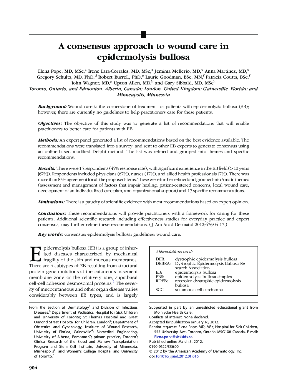 A consensus approach to wound care in epidermolysis bullosa 