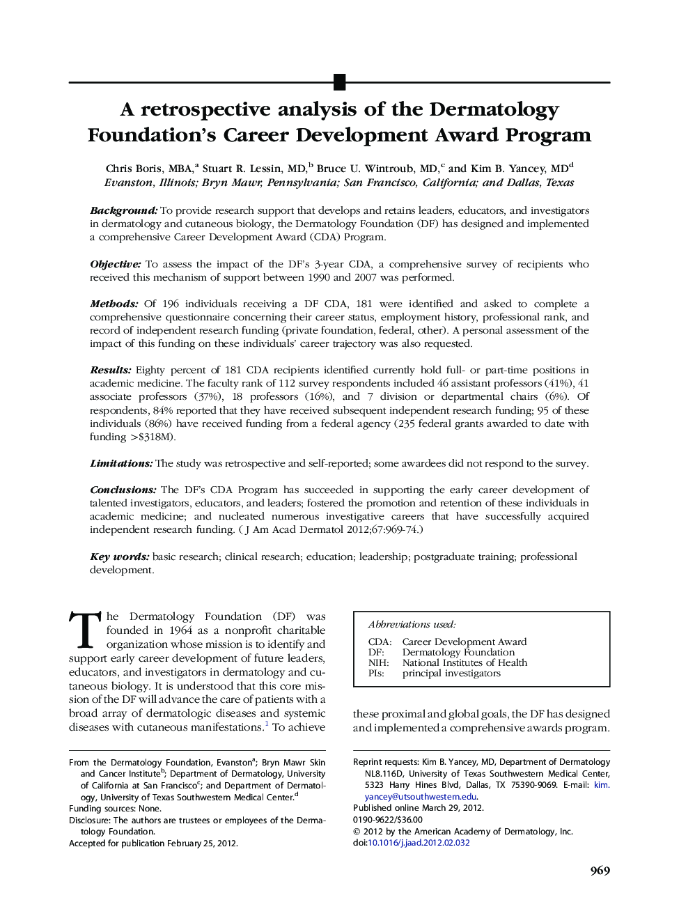 A retrospective analysis of the Dermatology Foundation's Career Development Award Program 