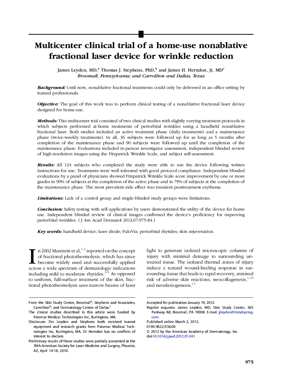 Multicenter clinical trial of a home-use nonablative fractional laser device for wrinkle reduction 
