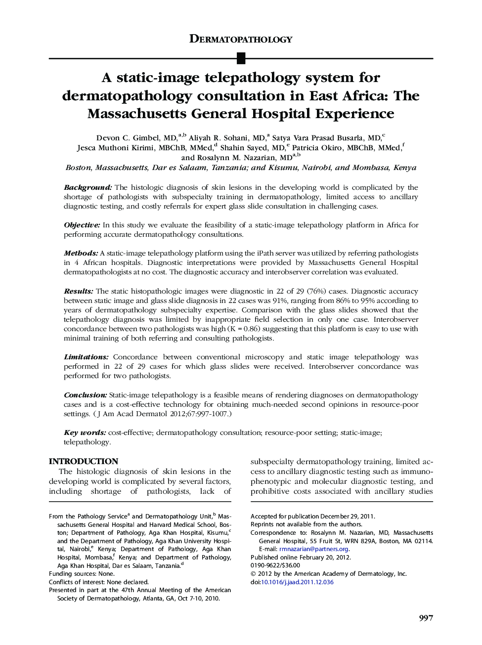 A static-image telepathology system for dermatopathology consultation in East Africa: The Massachusetts General Hospital Experience 