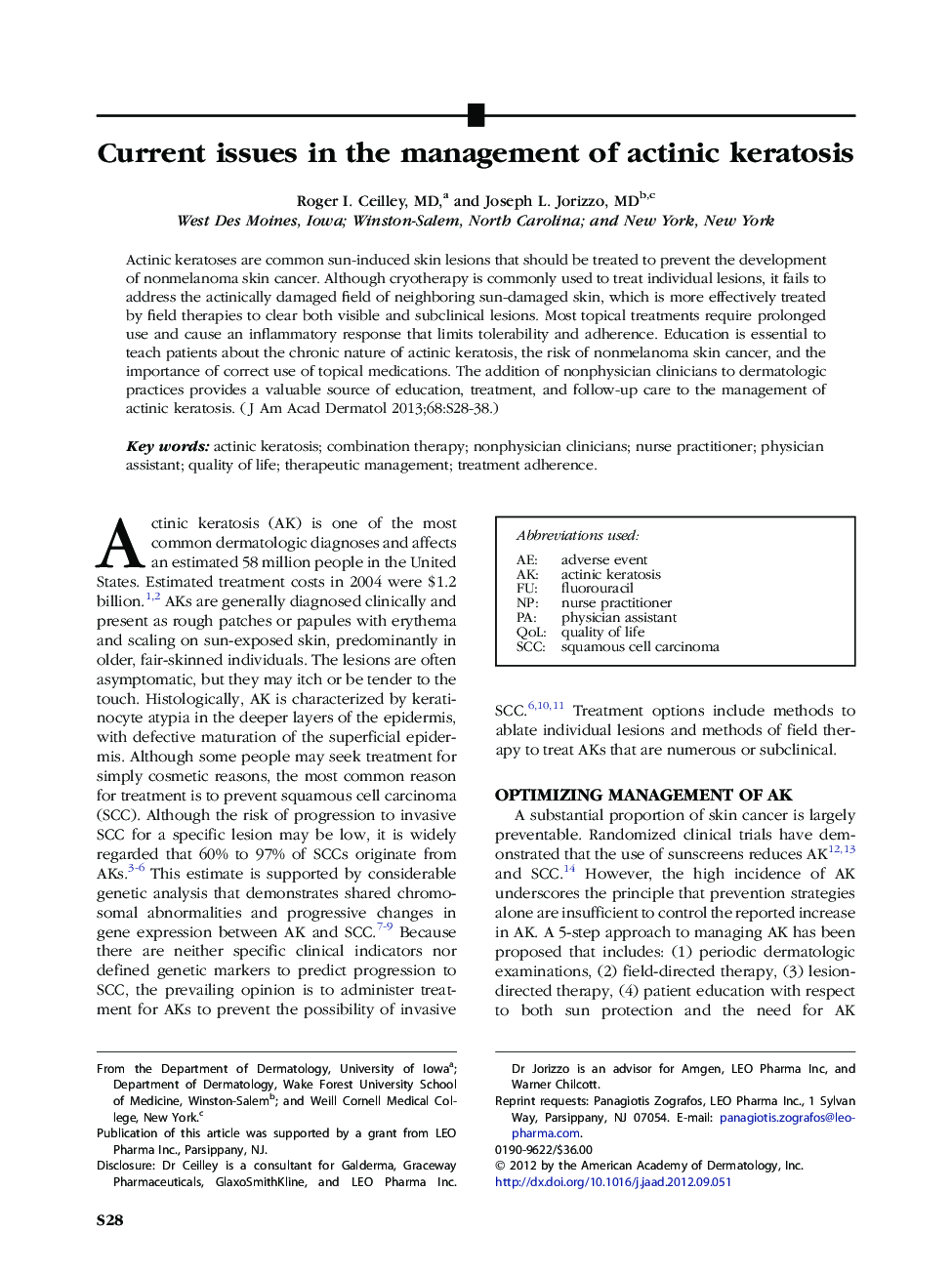 Current issues in the management of actinic keratosis 