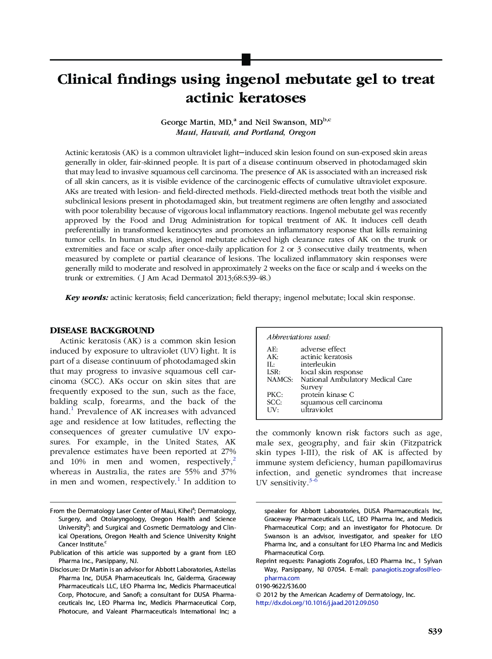 Clinical findings using ingenol mebutate gel to treat actinic keratoses 