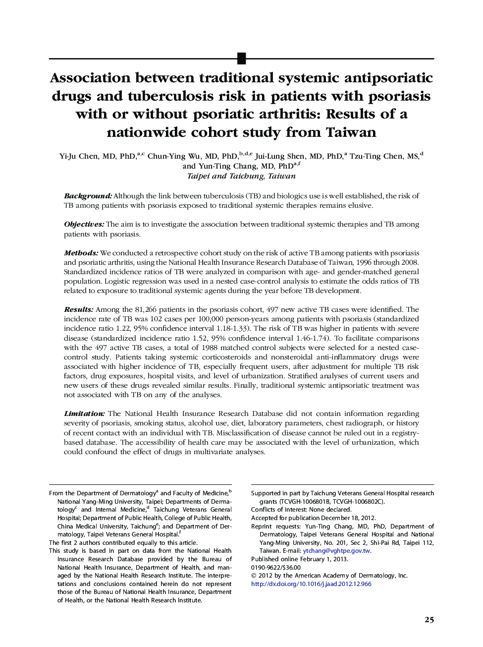 Association between traditional systemic antipsoriatic drugs and tuberculosis risk in patients with psoriasis with or without psoriatic arthritis: Results of a nationwide cohort study from Taiwan 