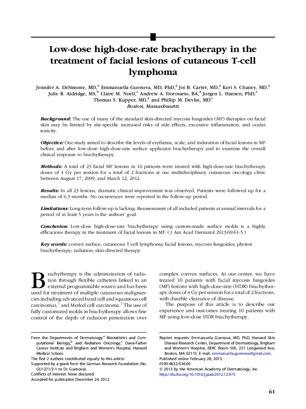 Low-dose high-dose-rate brachytherapy in the treatment of facial lesions of cutaneous T-cell lymphoma 