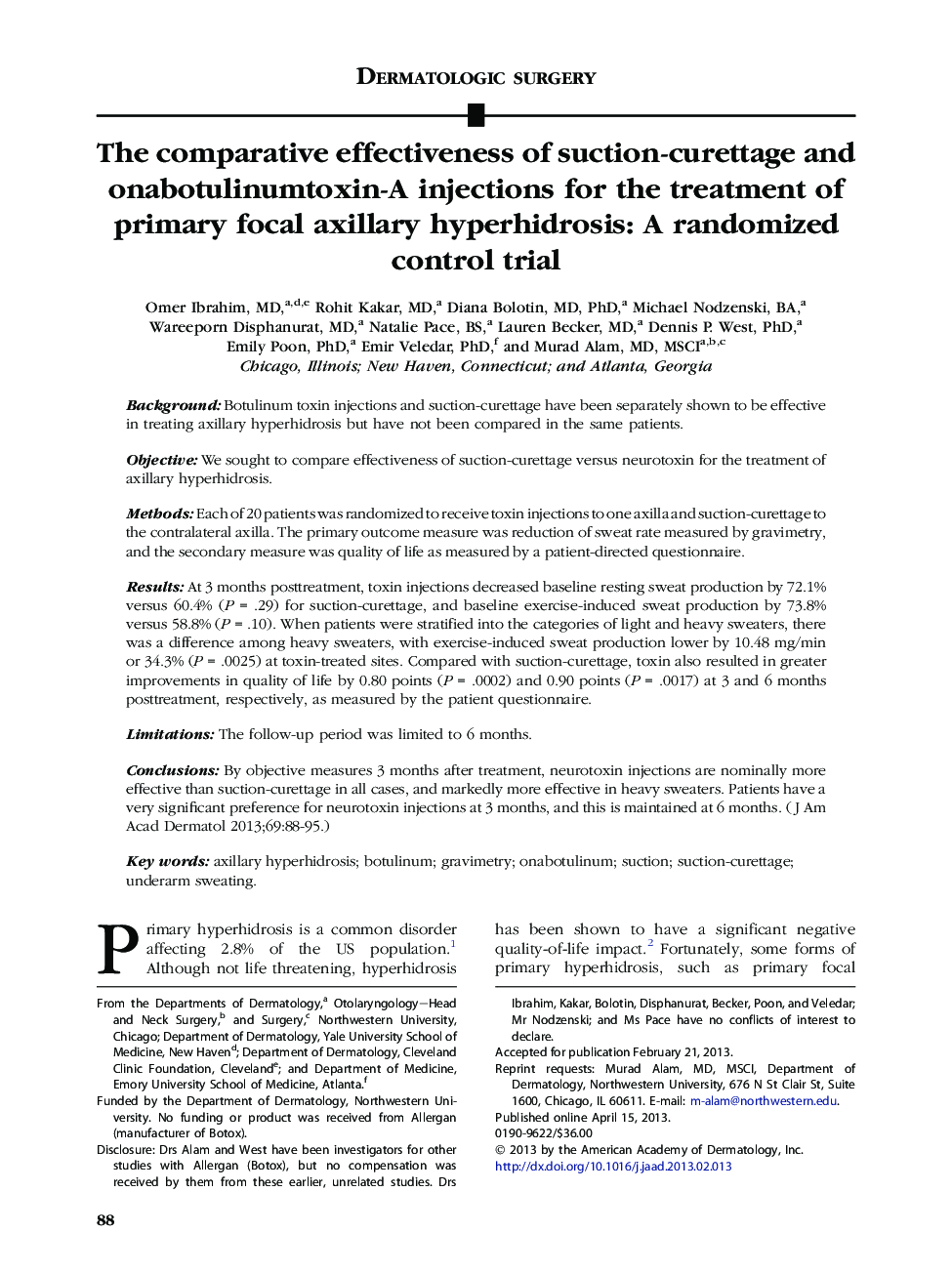 The comparative effectiveness of suction-curettage and onabotulinumtoxin-A injections for the treatment of primary focal axillary hyperhidrosis: A randomized control trial 