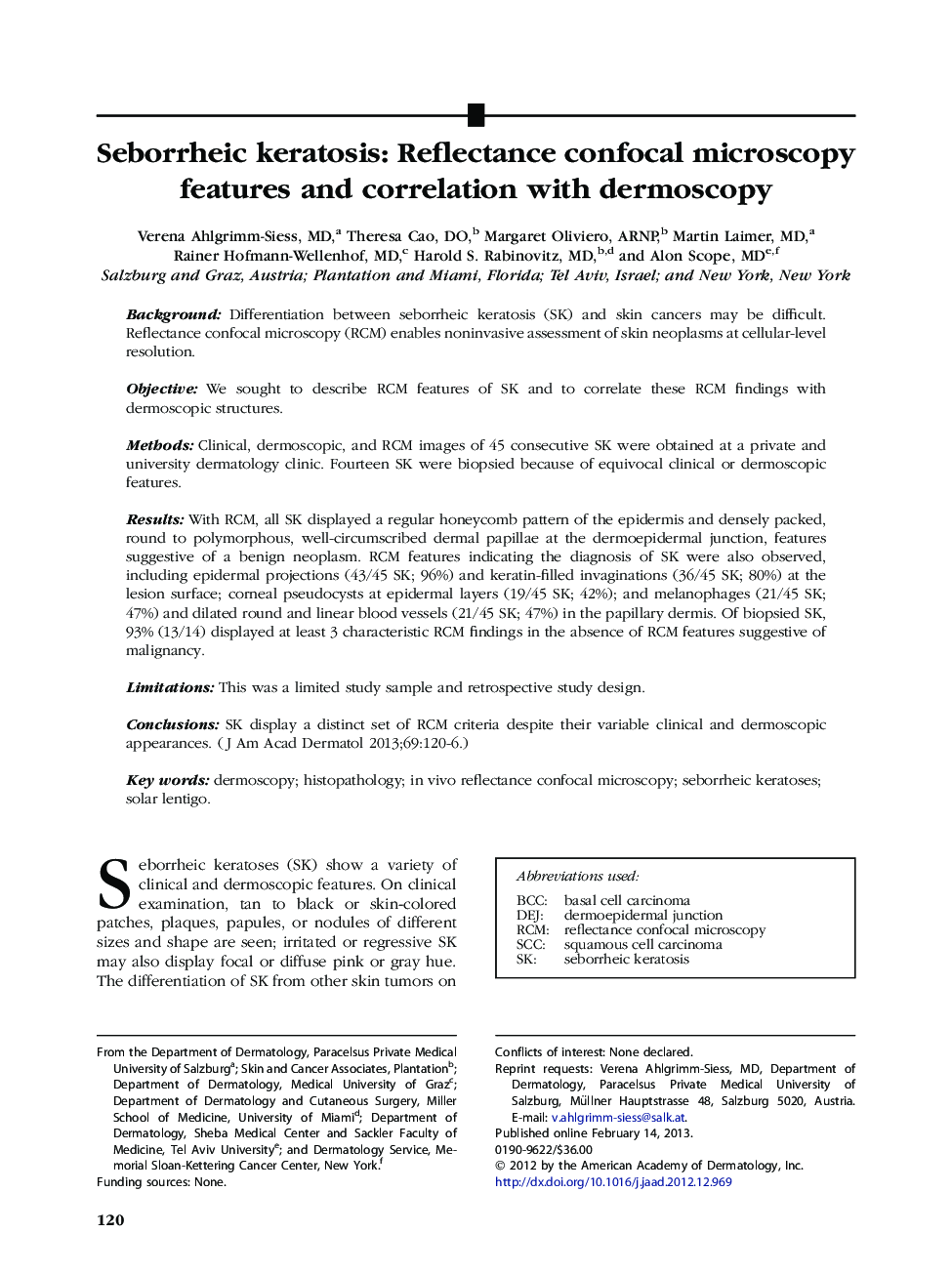 Seborrheic keratosis: Reflectance confocal microscopy features and correlation with dermoscopy 