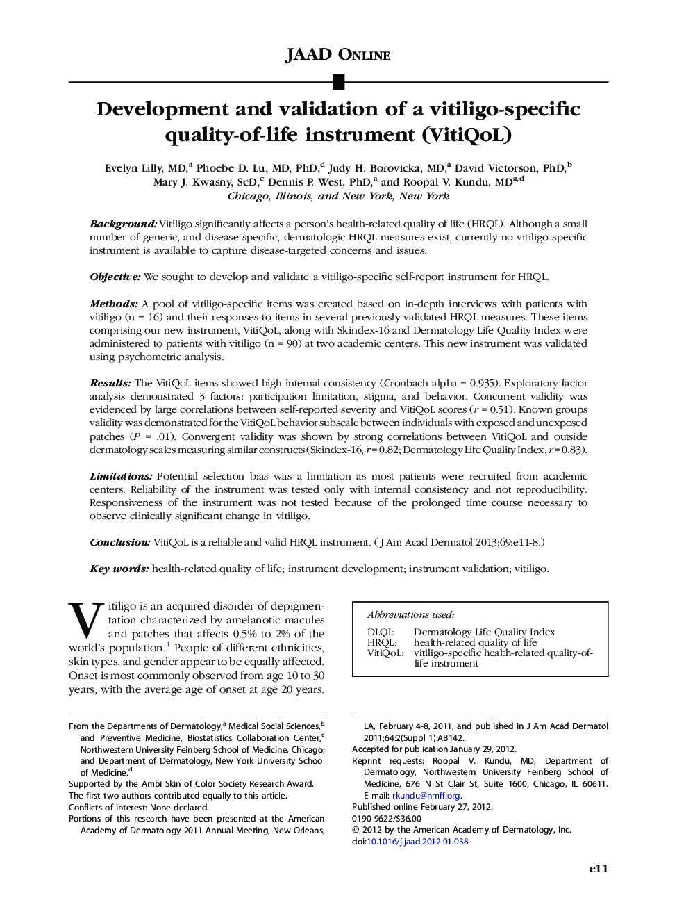 Development and validation of a vitiligo-specific quality-of-life instrument (VitiQoL) 