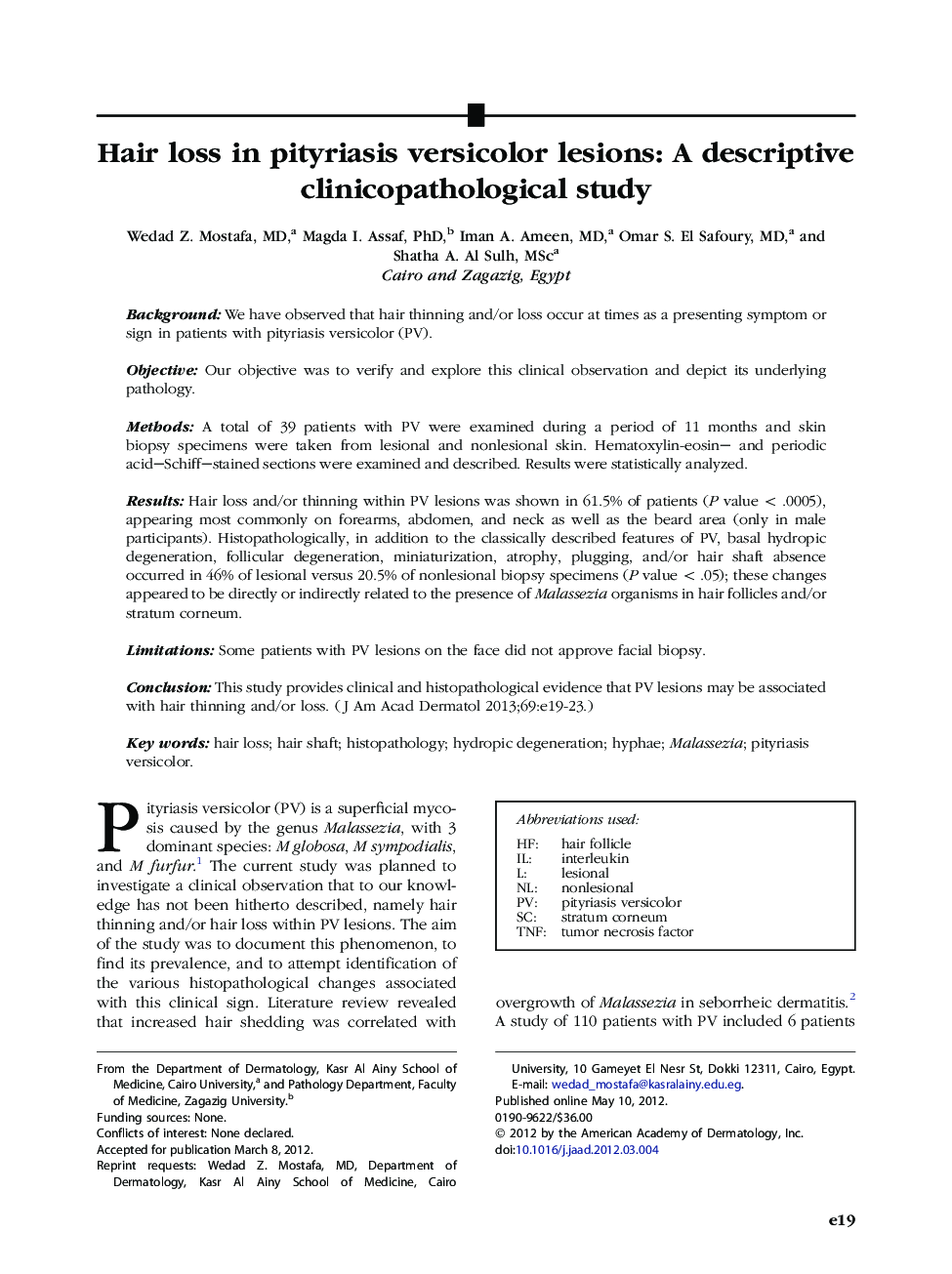 Hair loss in pityriasis versicolor lesions: A descriptive clinicopathological study 