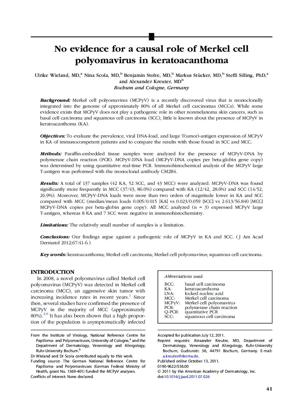 No evidence for a causal role of Merkel cell polyomavirus in keratoacanthoma 