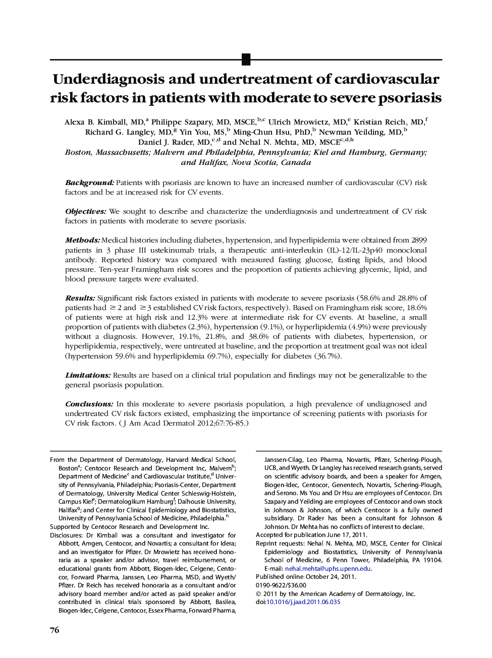 Underdiagnosis and undertreatment of cardiovascular risk factors in patients with moderate to severe psoriasis 