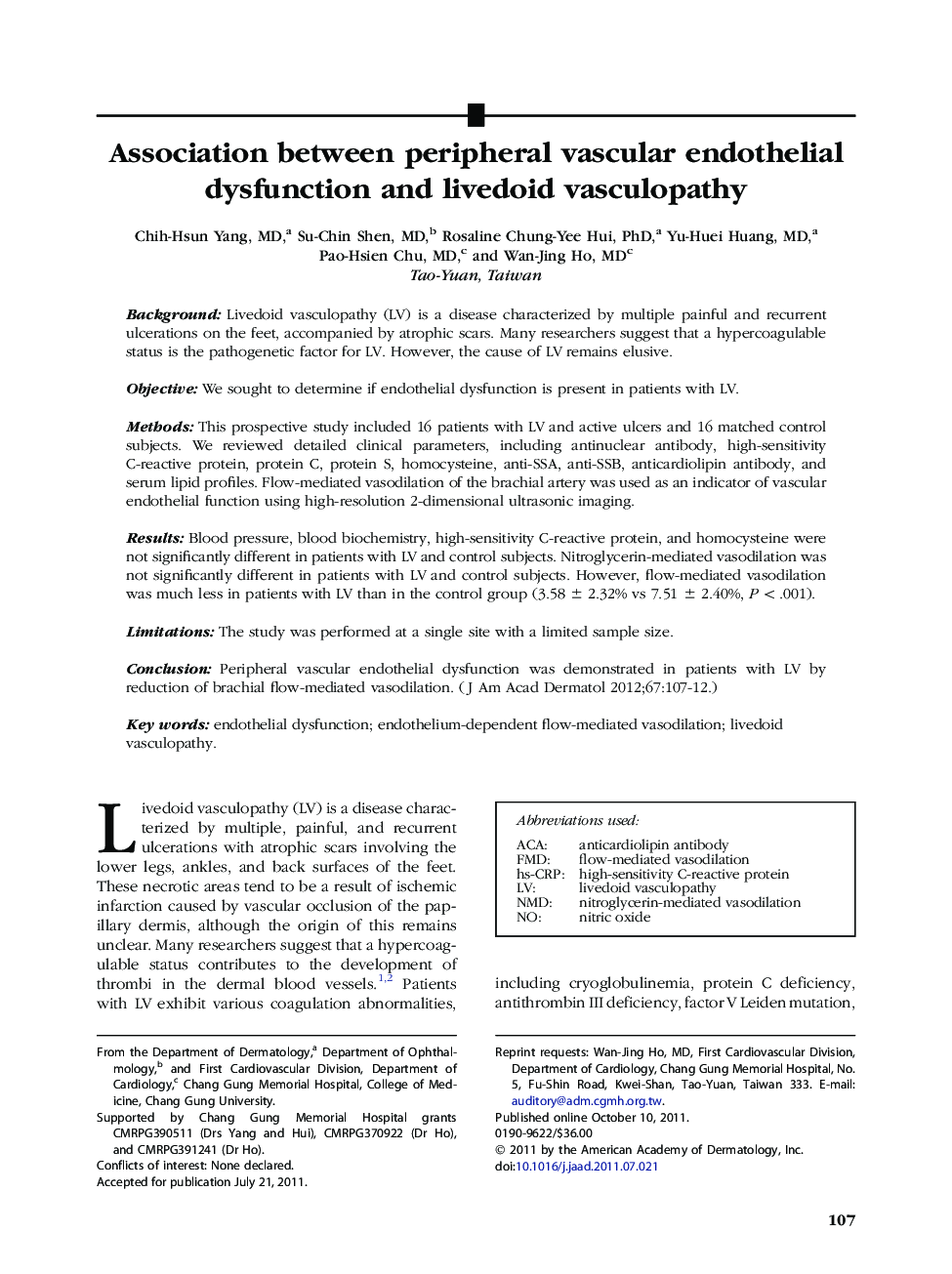 Association between peripheral vascular endothelial dysfunction and livedoid vasculopathy 