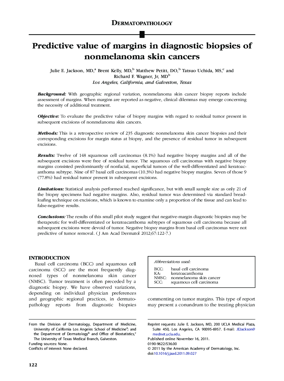 Predictive value of margins in diagnostic biopsies of nonmelanoma skin cancers 