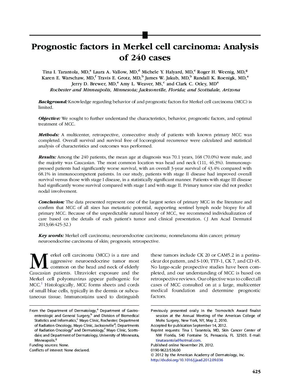 Prognostic factors in Merkel cell carcinoma: Analysis of 240 cases 