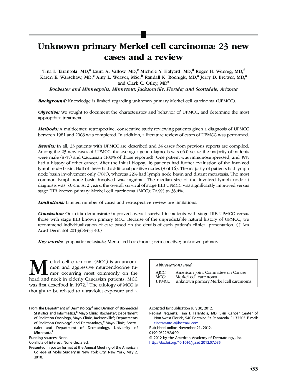 Unknown primary Merkel cell carcinoma: 23 new cases and a review 