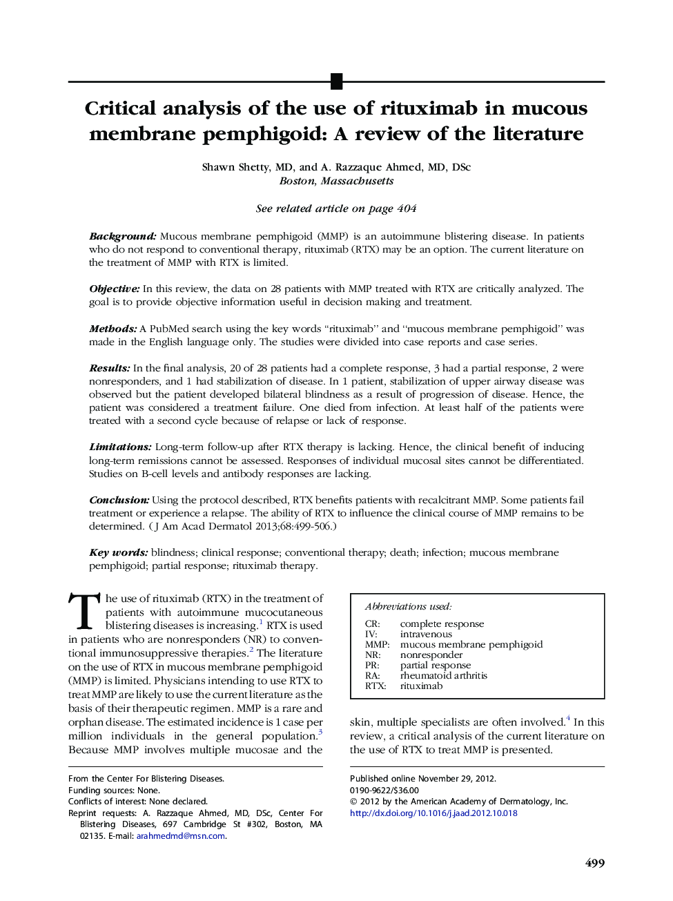 Critical analysis of the use of rituximab in mucous membrane pemphigoid: A review of the literature 