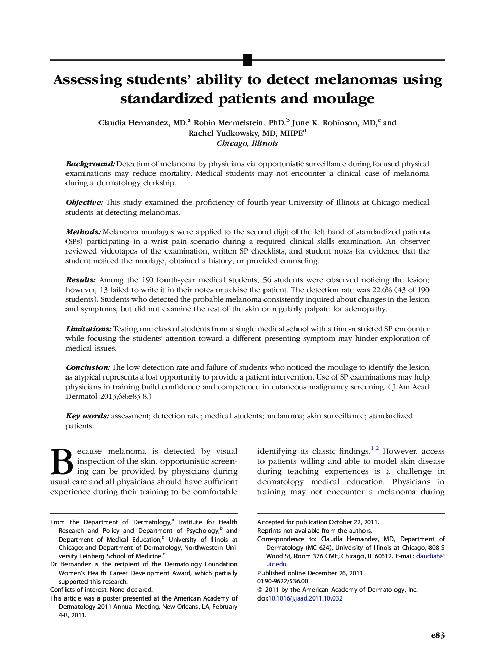 Assessing students’ ability to detect melanomas using standardized patients and moulage 