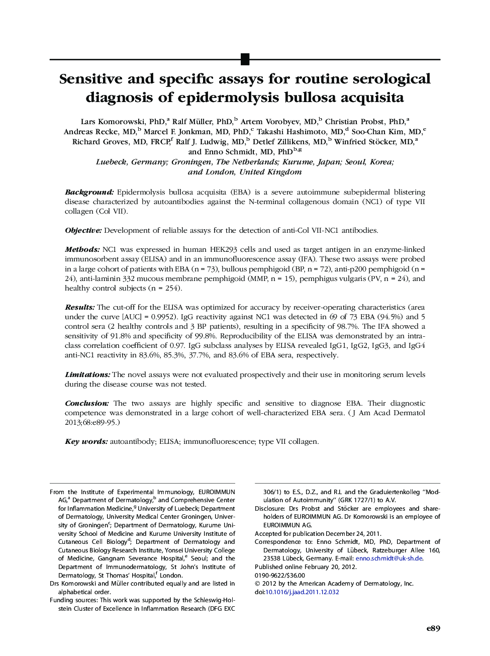 Sensitive and specific assays for routine serological diagnosis of epidermolysis bullosa acquisita 