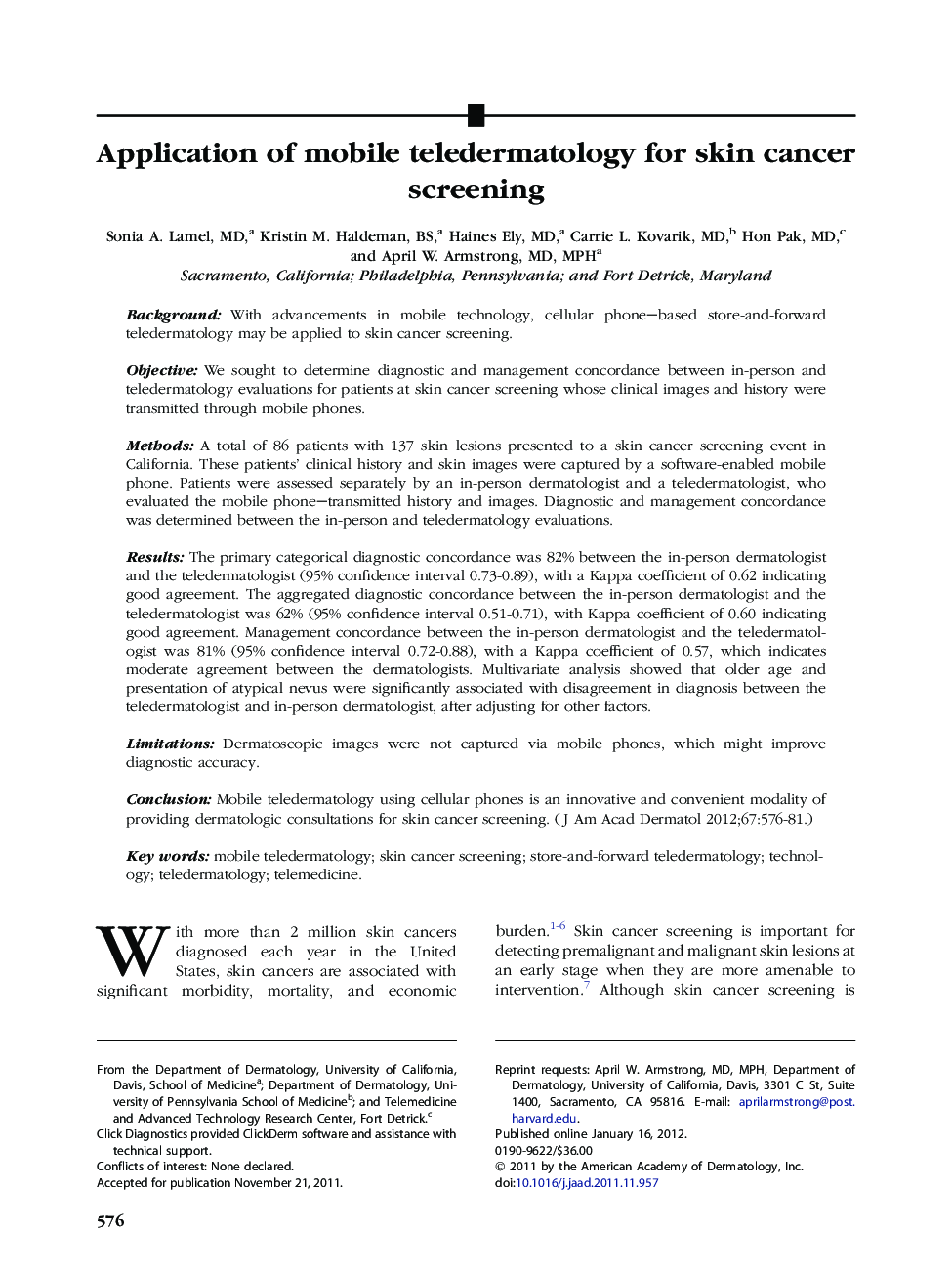 عکس صفحه اول مقاله: Application of mobile teledermatology for skin cancer screening Application of mobile teledermatology for skin cancer screening
