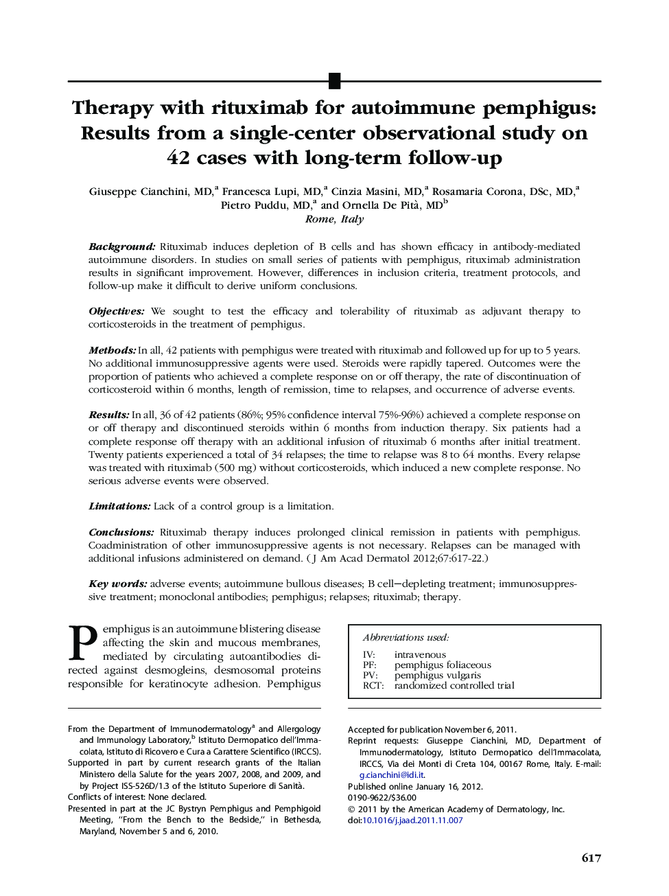 Therapy with rituximab for autoimmune pemphigus: Results from a single-center observational study on 42 cases with long-term follow-up 