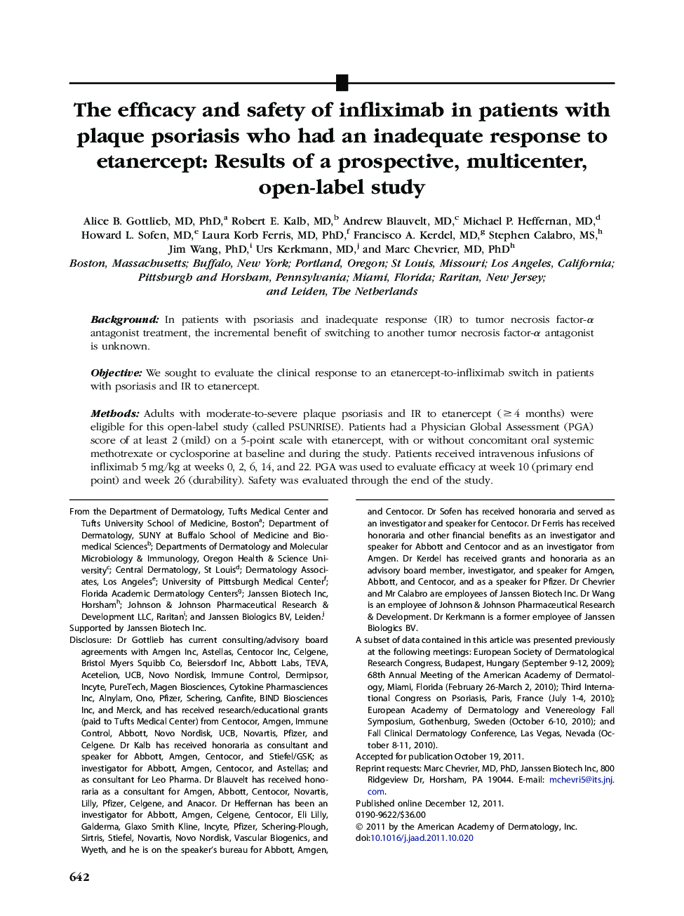 The efficacy and safety of infliximab in patients with plaque psoriasis who had an inadequate response to etanercept: Results of a prospective, multicenter, open-label study 