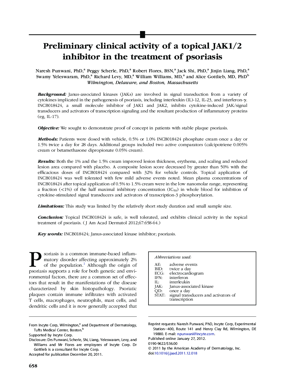 Preliminary clinical activity of a topical JAK1/2 inhibitor in the treatment of psoriasis 