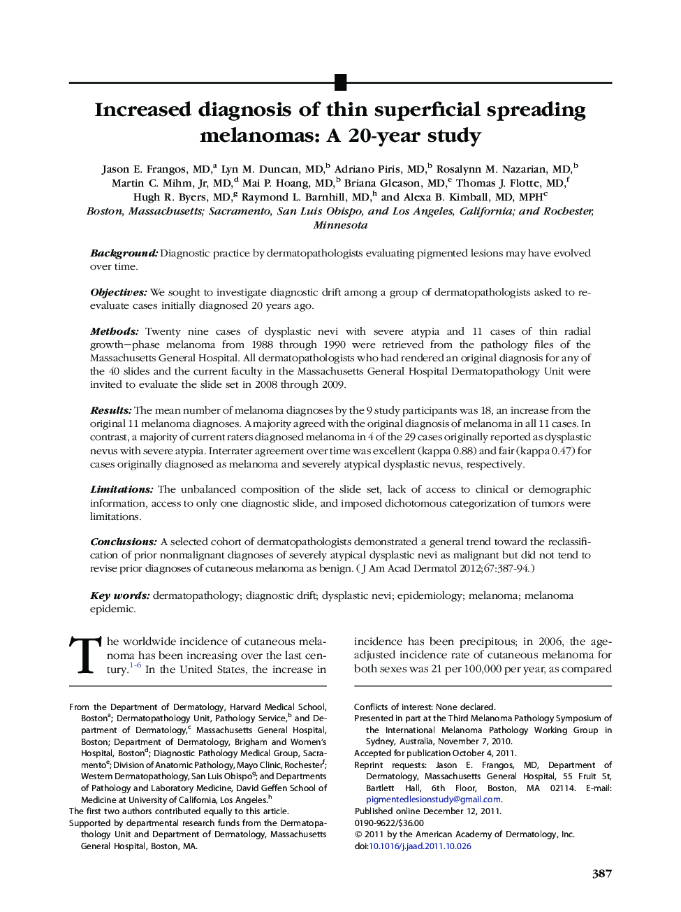 Increased diagnosis of thin superficial spreading melanomas: A 20-year study 