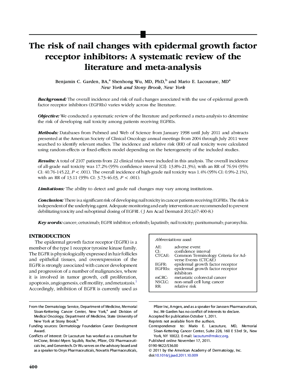 The risk of nail changes with epidermal growth factor receptor inhibitors: A systematic review of the literature and meta-analysis 