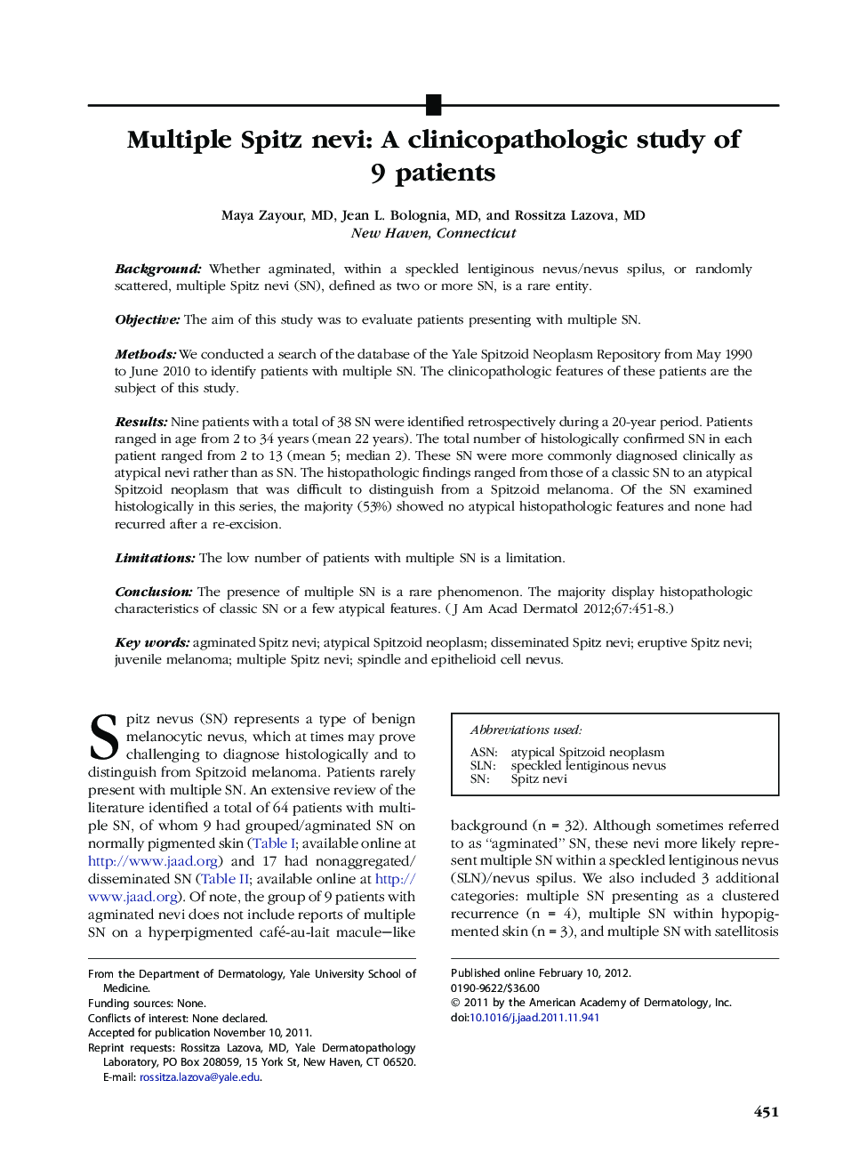 Multiple Spitz nevi: A clinicopathologic study of 9 patients