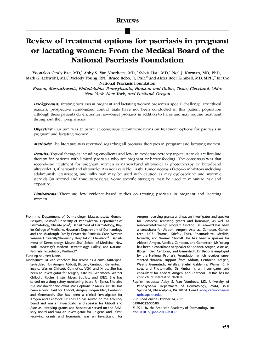 Review of treatment options for psoriasis in pregnant or lactating women: From the Medical Board of the National Psoriasis Foundation 