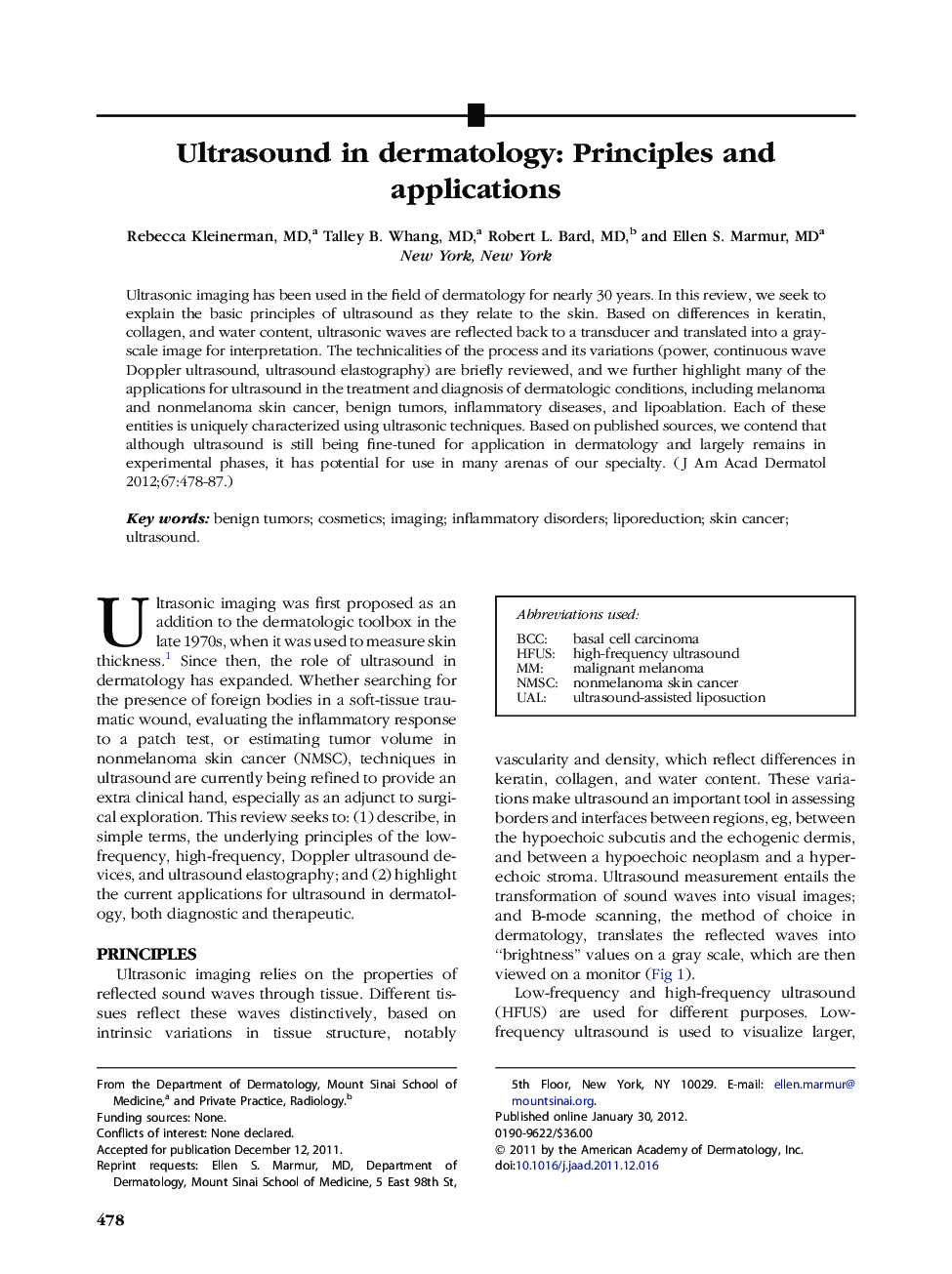 Ultrasound in dermatology: Principles and applications 