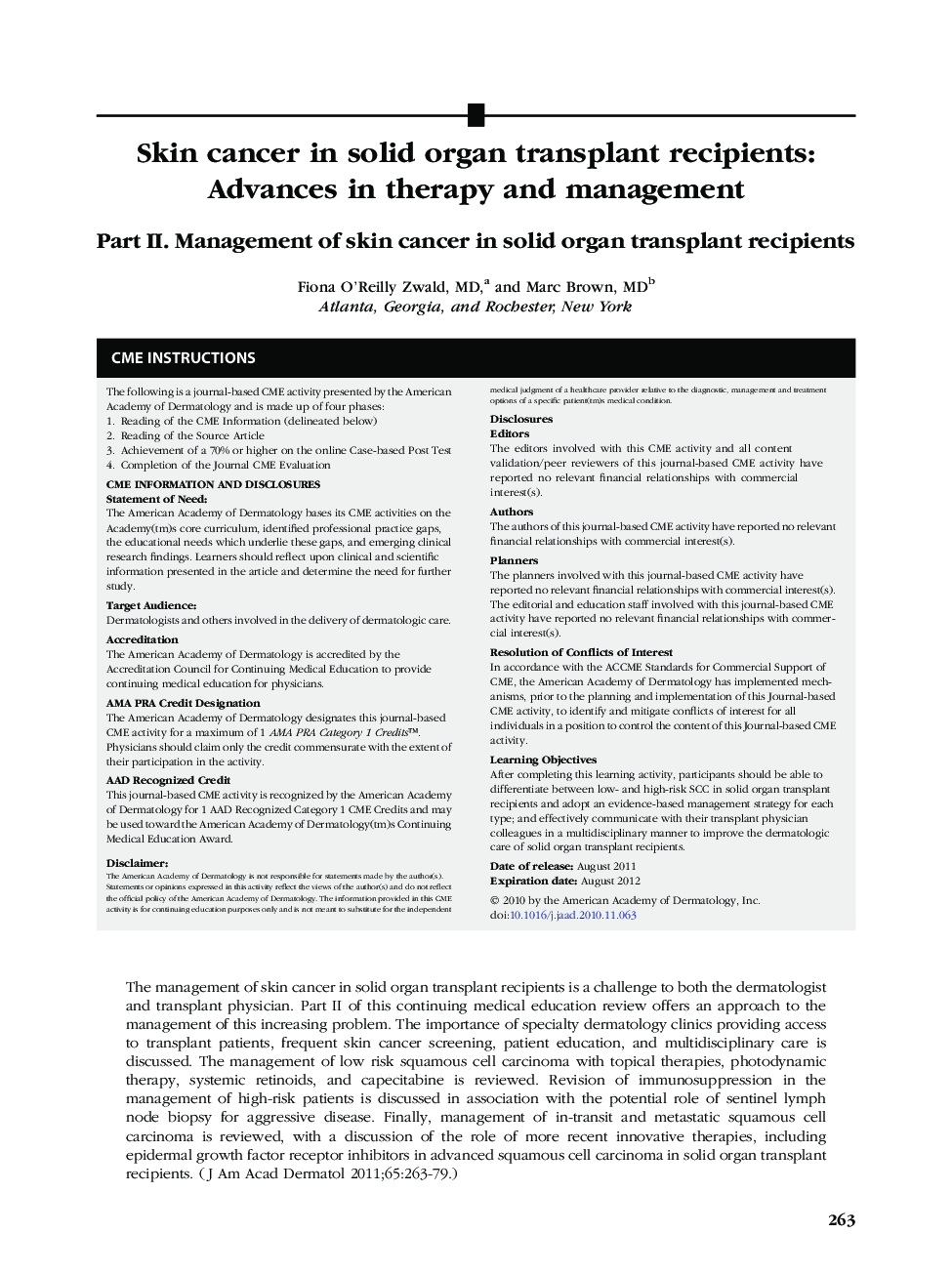 Skin cancer in solid organ transplant recipients: Advances in therapy and management : Part II. Management of skin cancer in solid organ transplant recipients