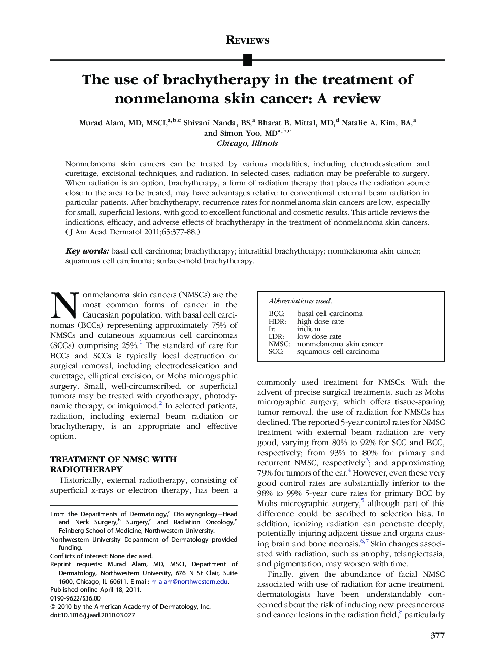 The use of brachytherapy in the treatment of nonmelanoma skin cancer: A review 