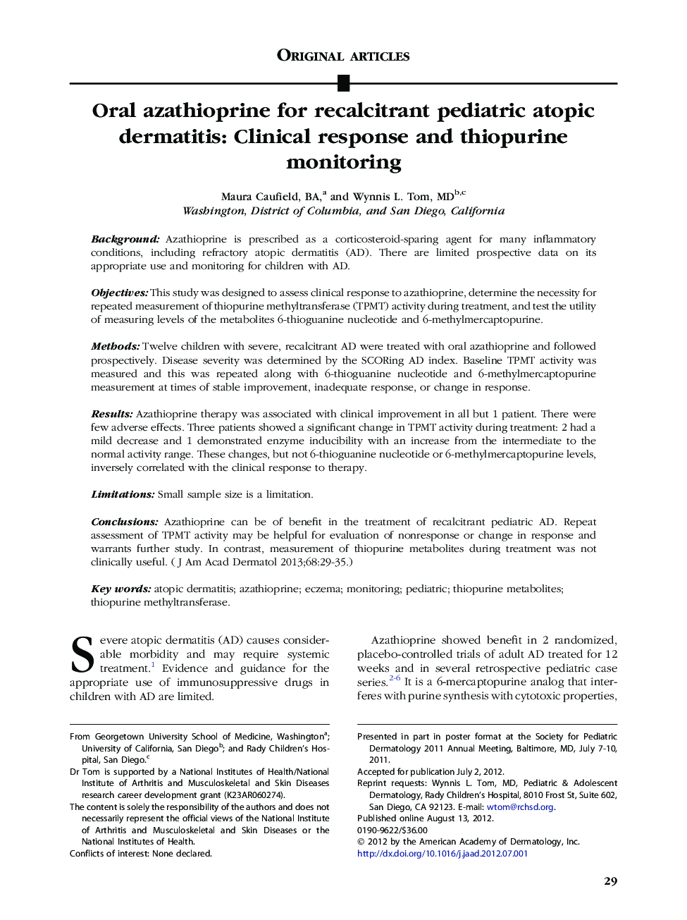 Oral azathioprine for recalcitrant pediatric atopic dermatitis: Clinical response and thiopurine monitoring 