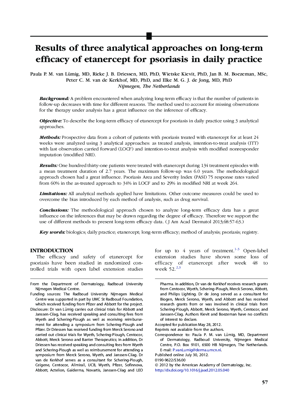 Results of three analytical approaches on long-term efficacy of etanercept for psoriasis in daily practice 