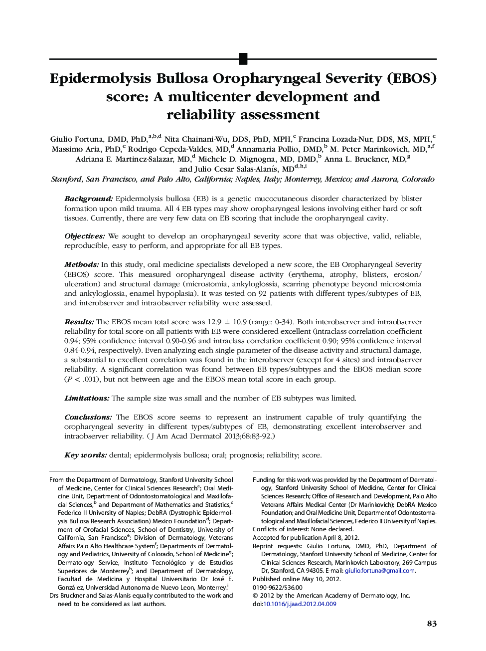 Epidermolysis Bullosa Oropharyngeal Severity (EBOS) score: A multicenter development and reliability assessment 