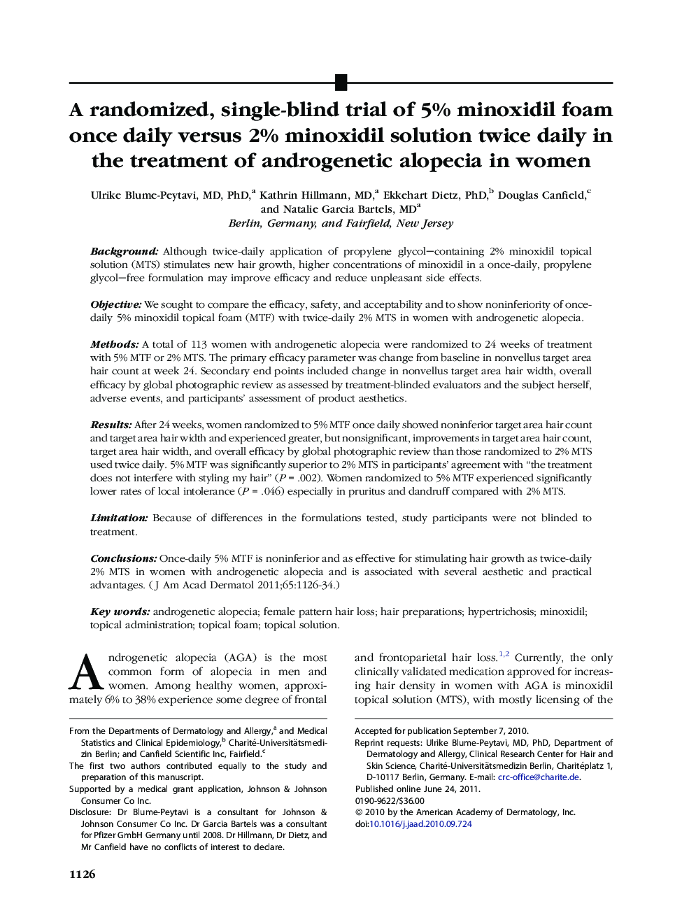 A randomized, single-blind trial of 5% minoxidil foam once daily versus 2% minoxidil solution twice daily in the treatment of androgenetic alopecia in women