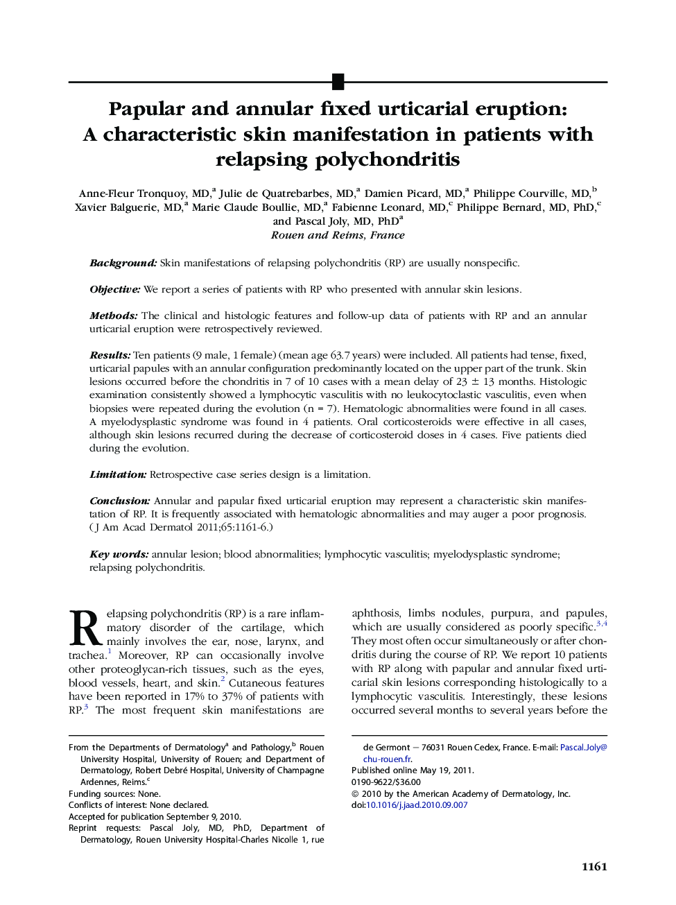 Papular and annular fixed urticarial eruption: A characteristic skin manifestation in patients with relapsing polychondritis 