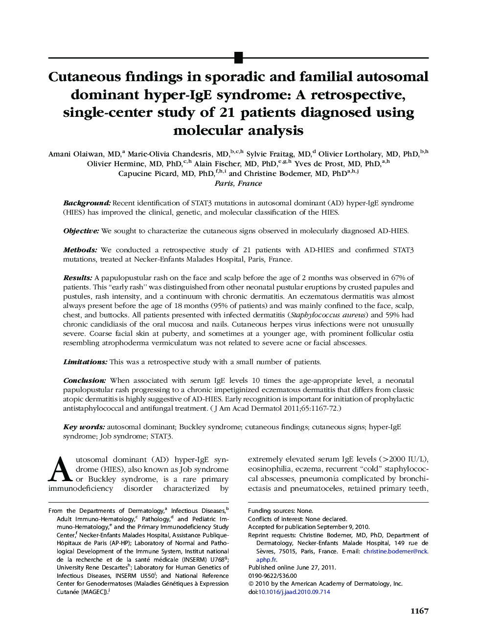 Cutaneous findings in sporadic and familial autosomal dominant hyper-IgE syndrome: A retrospective, single-center study of 21 patients diagnosed using molecular analysis 