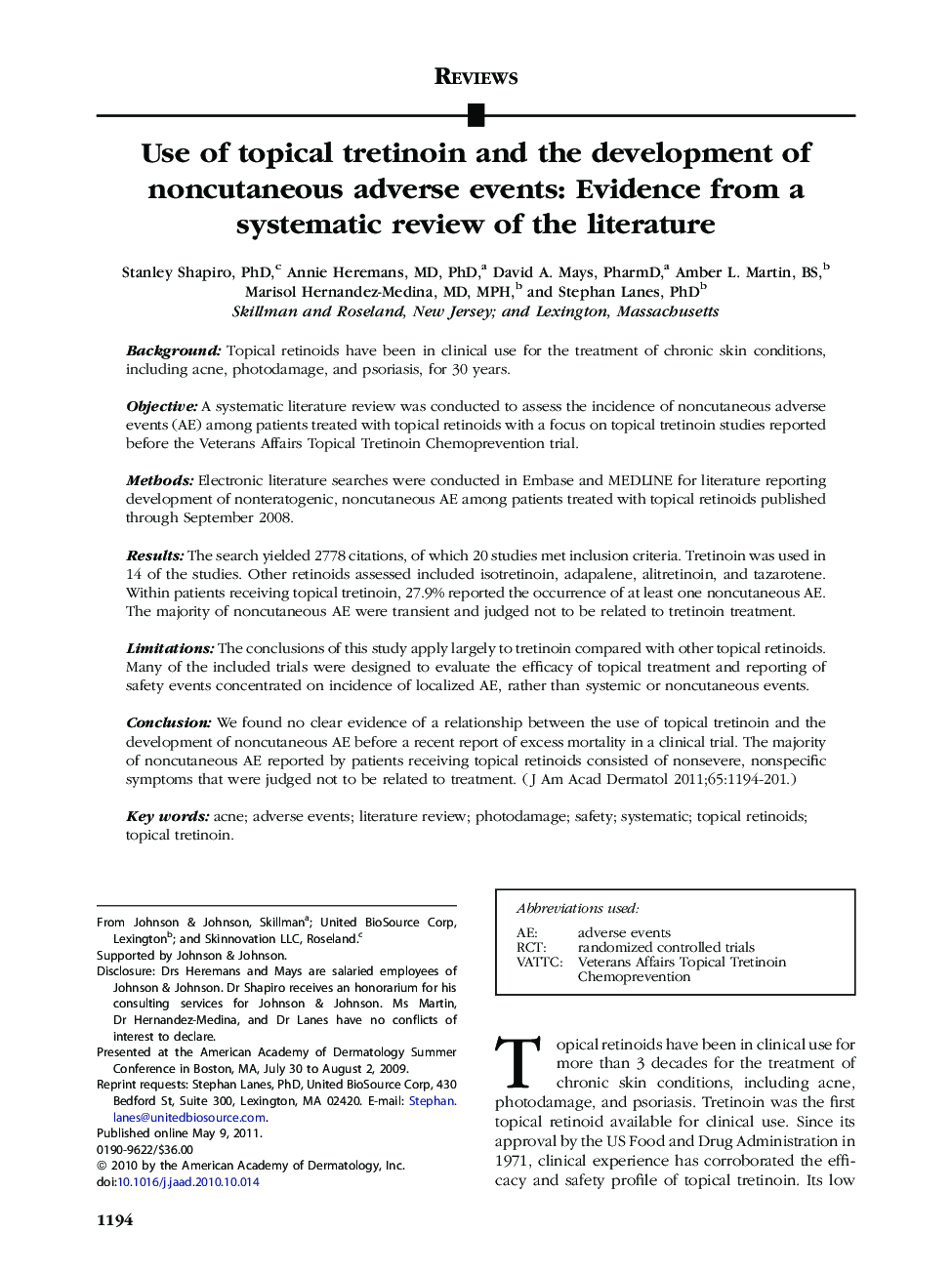 Use of topical tretinoin and the development of noncutaneous adverse events: Evidence from a systematic review of the literature 