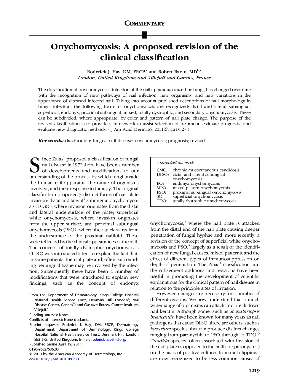 Onychomycosis: A proposed revision of the clinical classification 