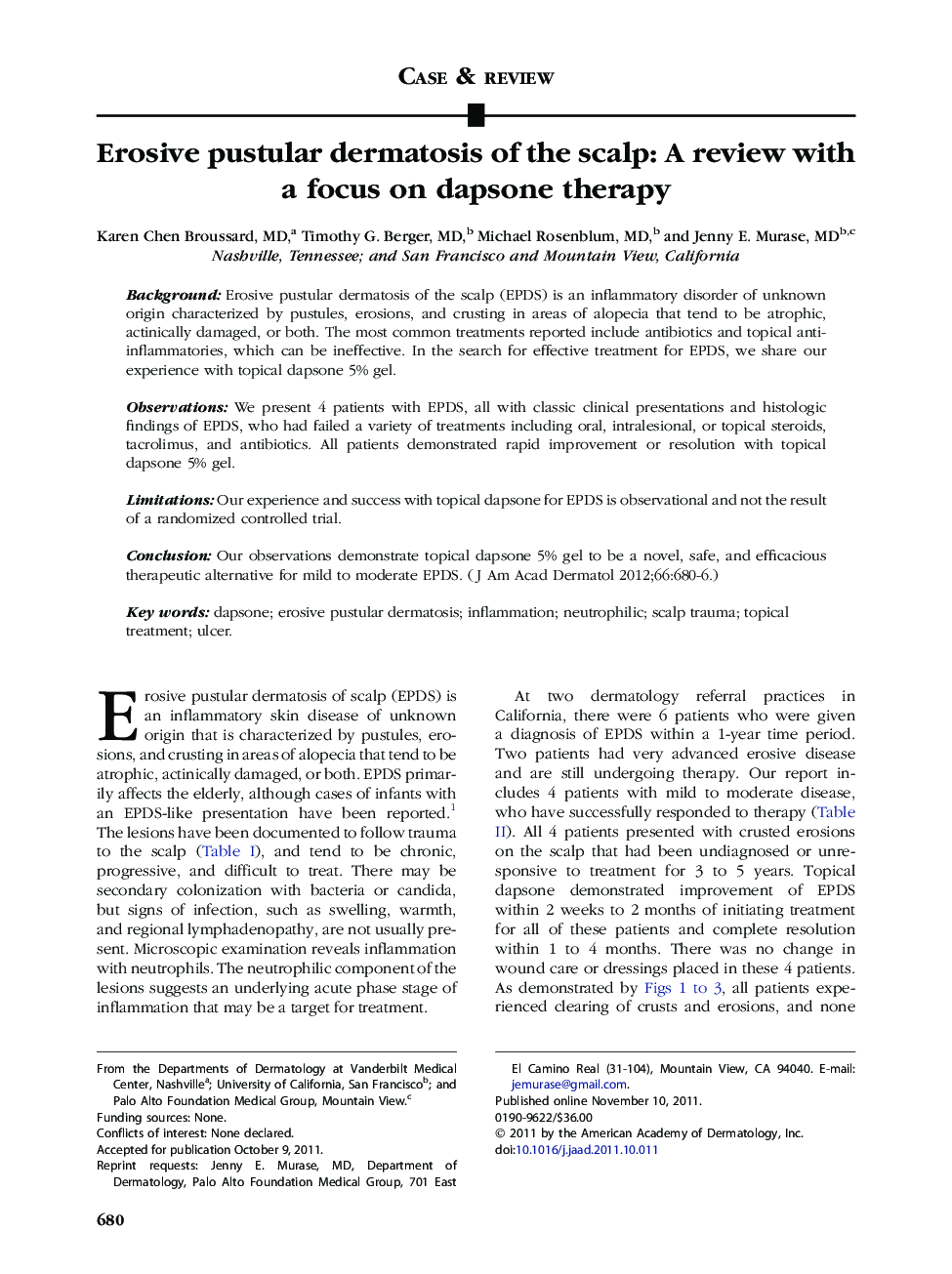 Erosive pustular dermatosis of the scalp: A review with a focus on dapsone therapy 