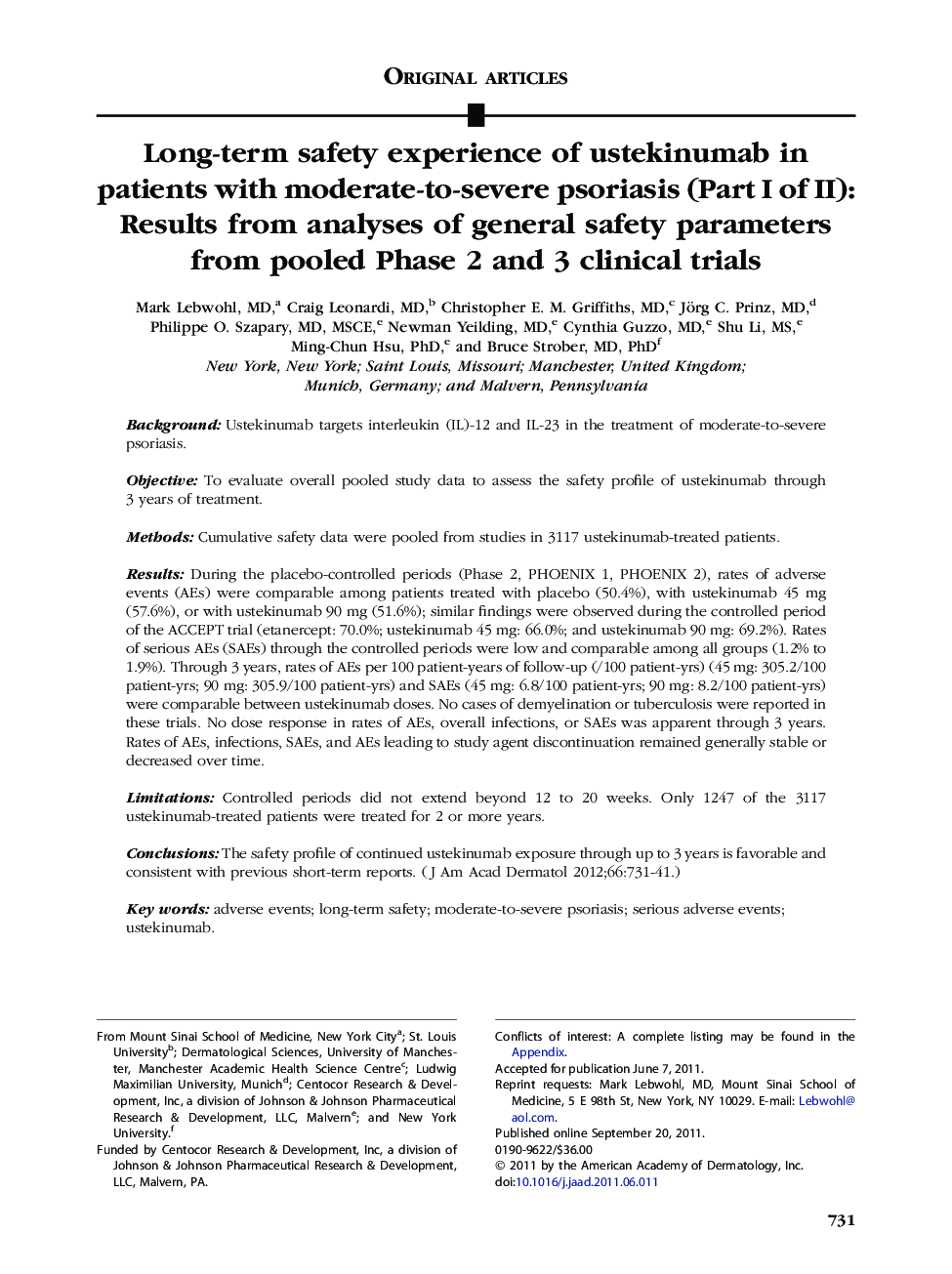 Long-term safety experience of ustekinumab in patients with moderate-to-severe psoriasis (Part I of II): Results from analyses of general safety parameters from pooled Phase 2 and 3 clinical trials 
