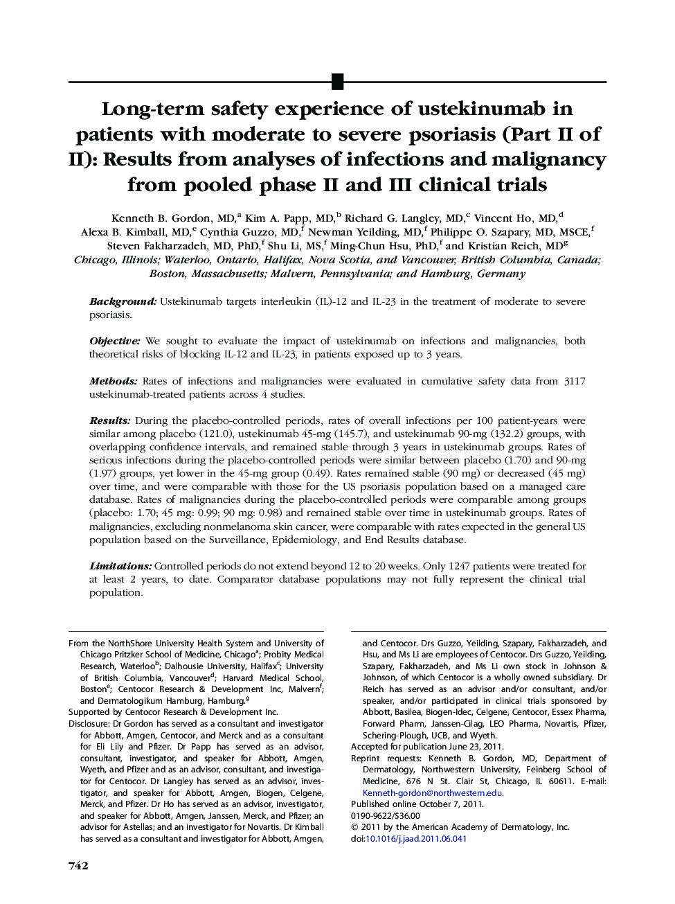 Long-term safety experience of ustekinumab in patients with moderate to severe psoriasis (Part II of II): Results from analyses of infections and malignancy from pooled phase II and III clinical trials 