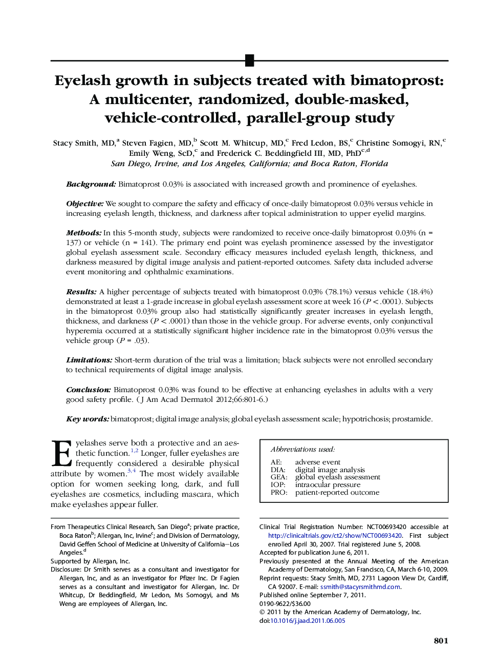 Eyelash growth in subjects treated with bimatoprost: A multicenter, randomized, double-masked, vehicle-controlled, parallel-group study 